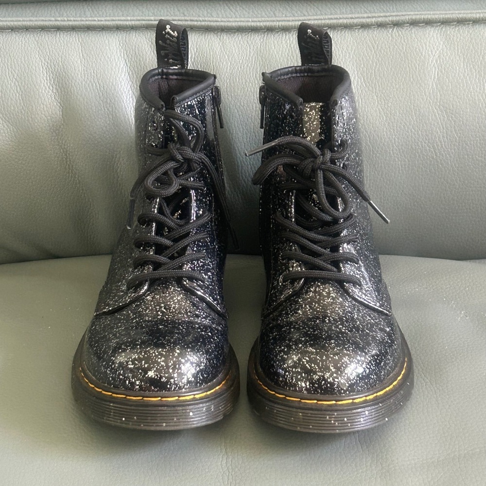 Dr.‎ Martens 1460 Delaney Black Glitter Galaxy Lace Up Side Zip Boots Kids 4